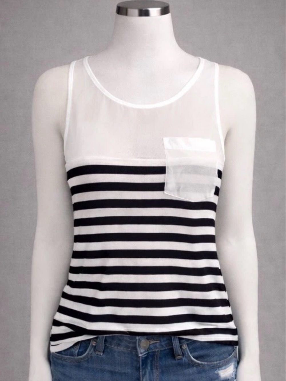 Double Zero Sheer Striped Tank Top Black White Size M Mesh Layered